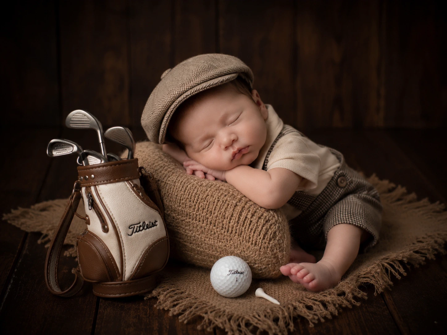 Sleeping baby in a flat cap posed with miniature golf props