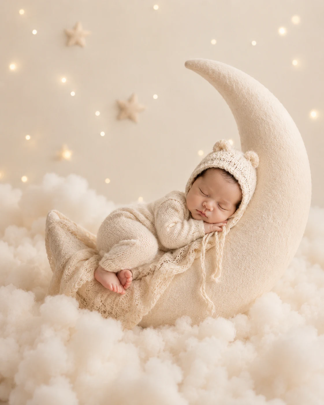 Newborn sleeping on a crescent moon in a softly lit digital concept portrait