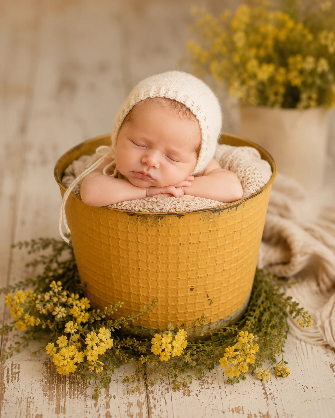 Sleeping newborn in a golden bucket with yellow flowers at Sweetlife Photography