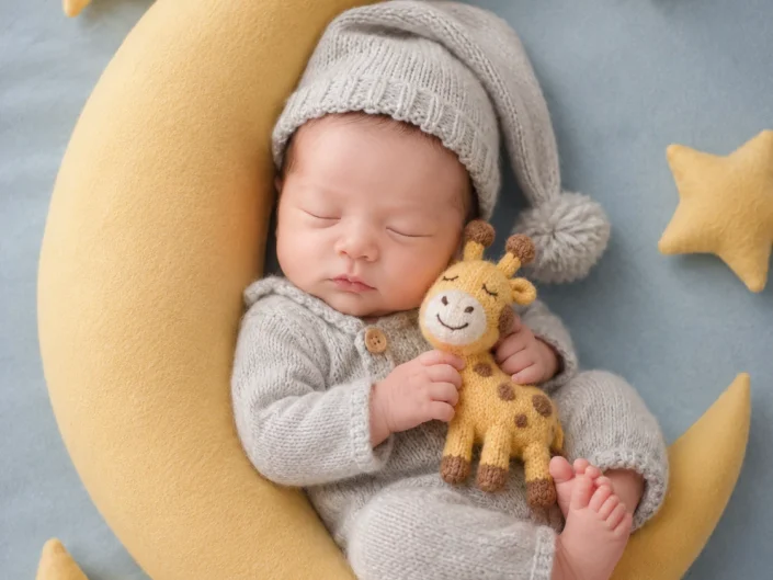 Sleeping newborn on a yellow crescent moon holding a knitted giraffe at Sweetlife Photography North Lakes
