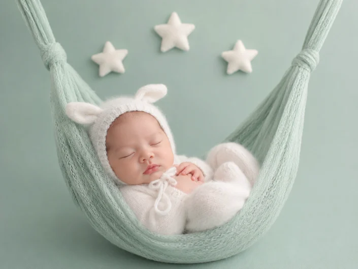 Sleeping newborn in a mint hammock beneath white stars at Sweetlife Photography North Lakes