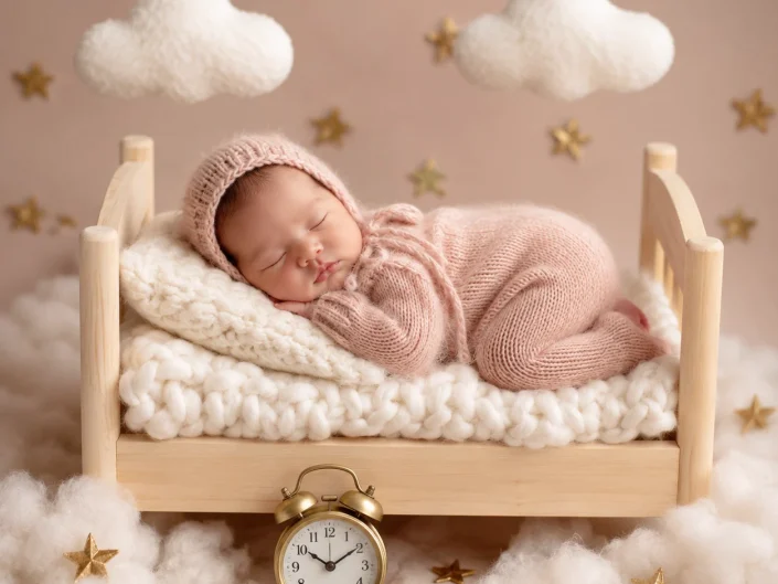 Sleeping newborn in blush knitwear on a small bed beneath clouds and stars at Sweetlife Photography North Lakes