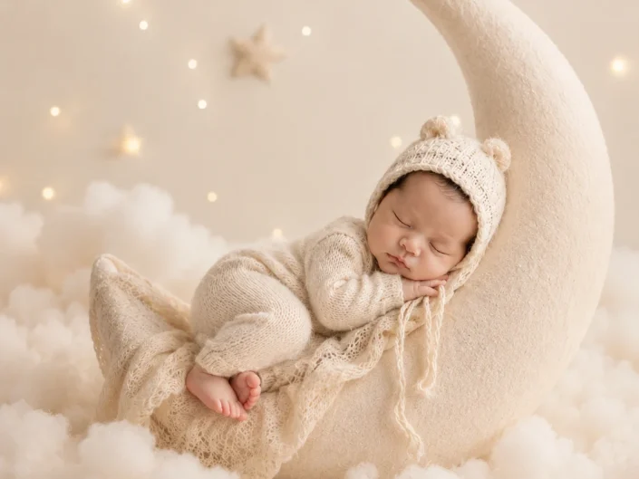 Sleeping newborn on a cream crescent moon surrounded by soft clouds at Sweetlife Photography North Lakes