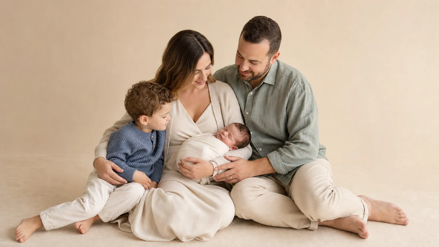 Family wearing coordinated cream, sage and dusty blue outfits with their newborn