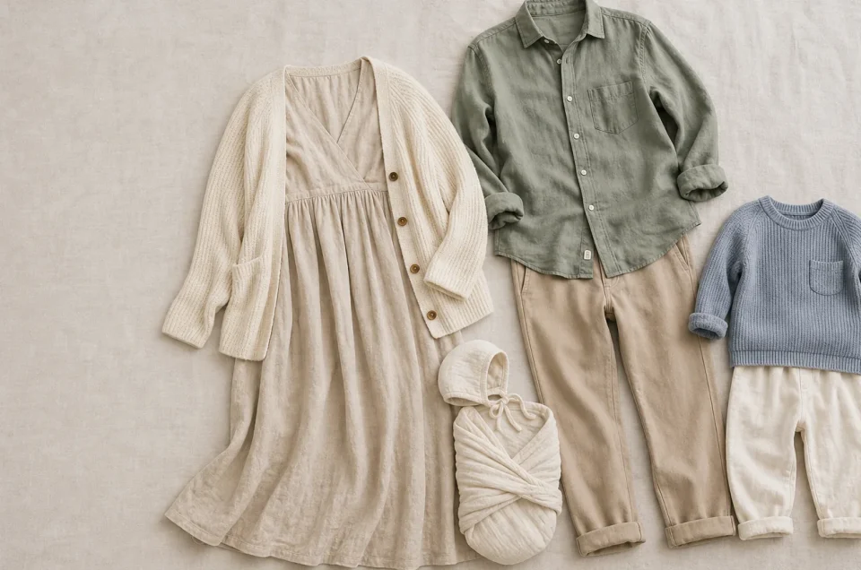 Coordinated neutral outfits for mum, partner, sibling and newborn