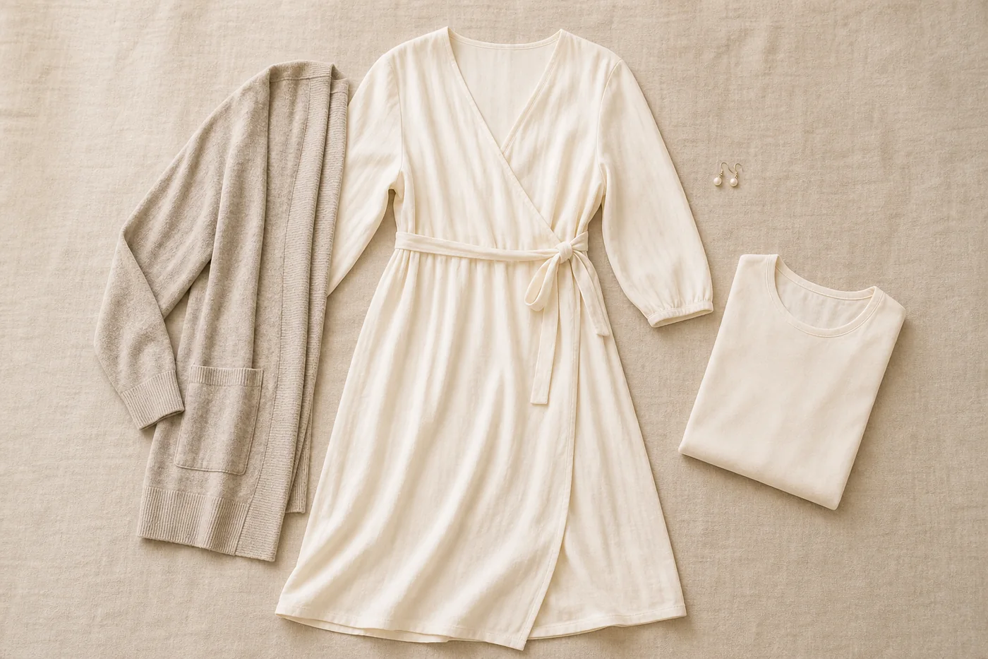 Cream wrap dress, oatmeal cardigan and spare ivory top for newborn photos
