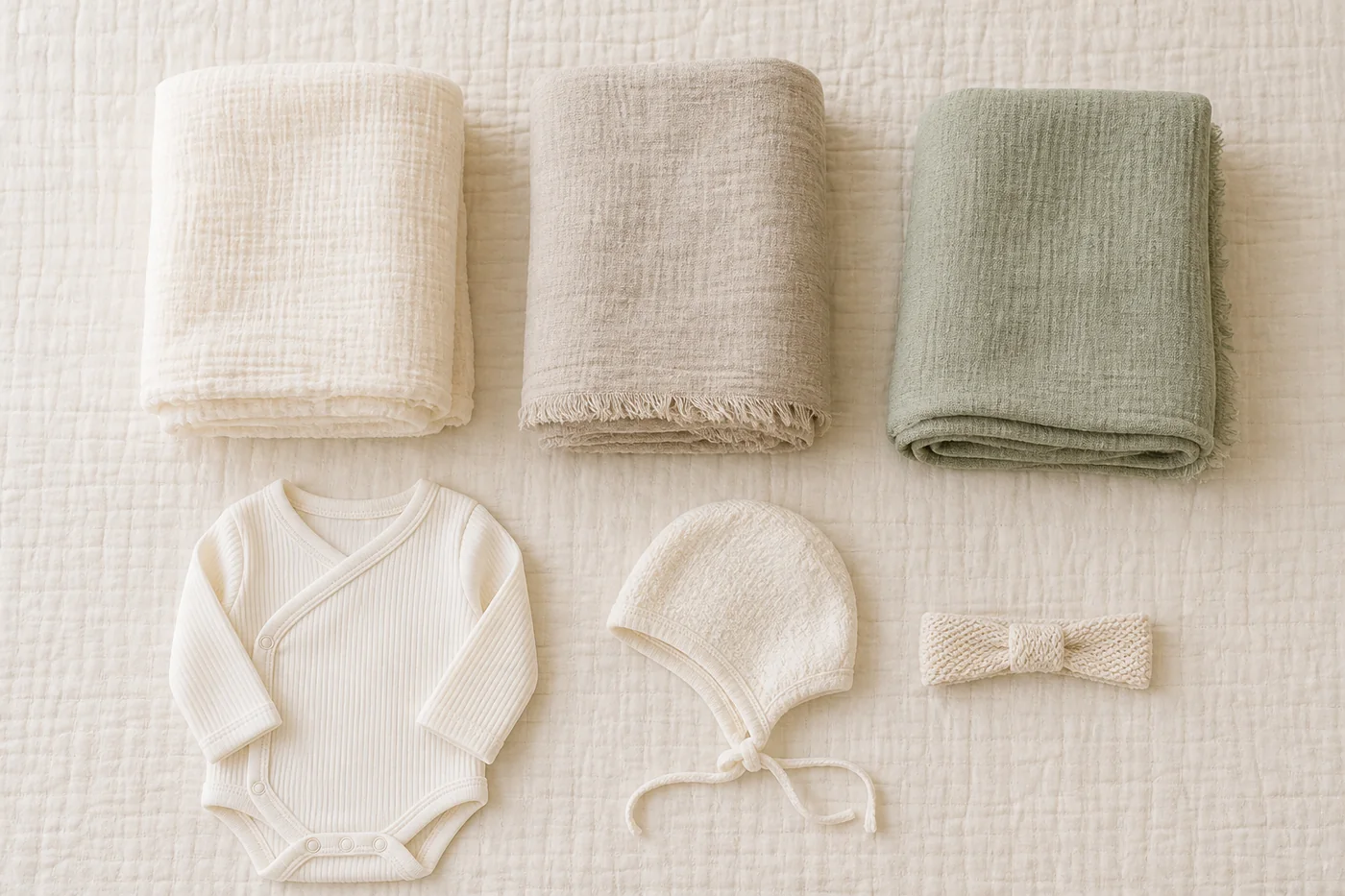 Cream, oatmeal and muted sage newborn wraps with a simple ivory outfit